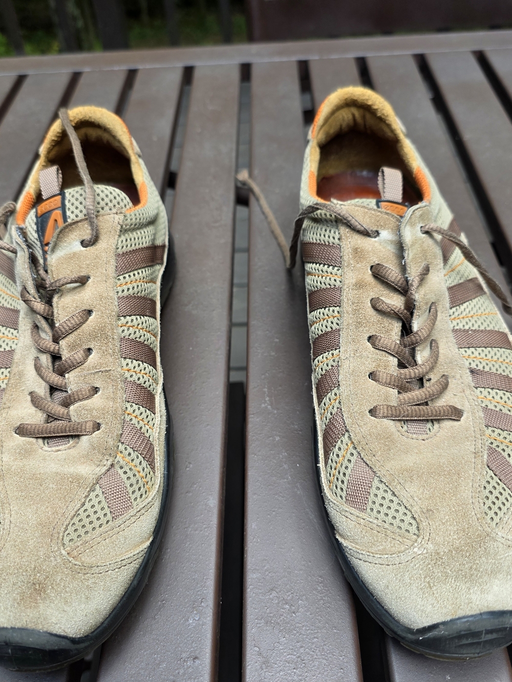 Ecco Men's Beige and Brown Suede Athletic Sneakers with Orange Detail